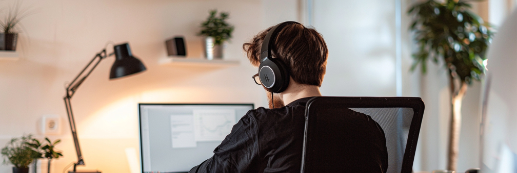 developer working in headphones on AI code