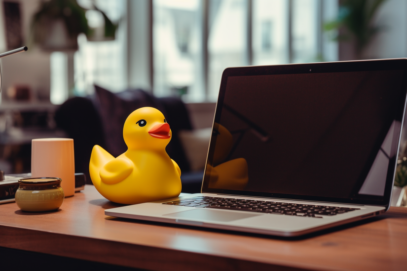 jalokim__a_photo_of_a_yellow_rubber_duck_on_a_desk_next_to_a_la_01195f89-d276-4df1-8bc6-d6c667e8bc19