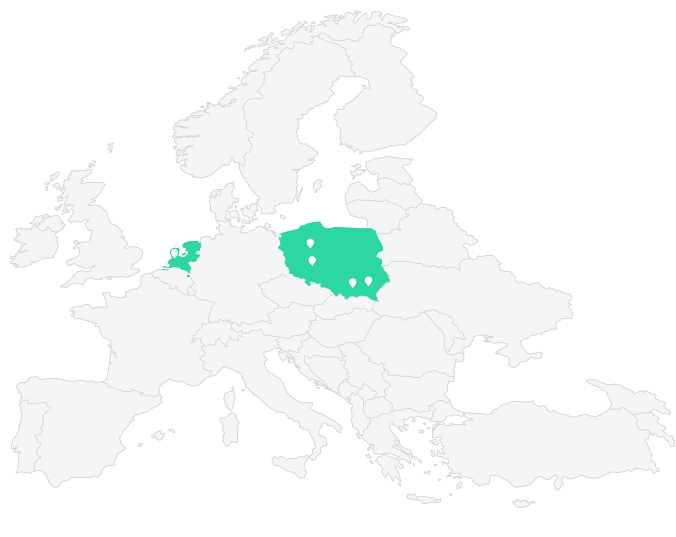 Map of Europe with Poland and the Netherlands Highlighted